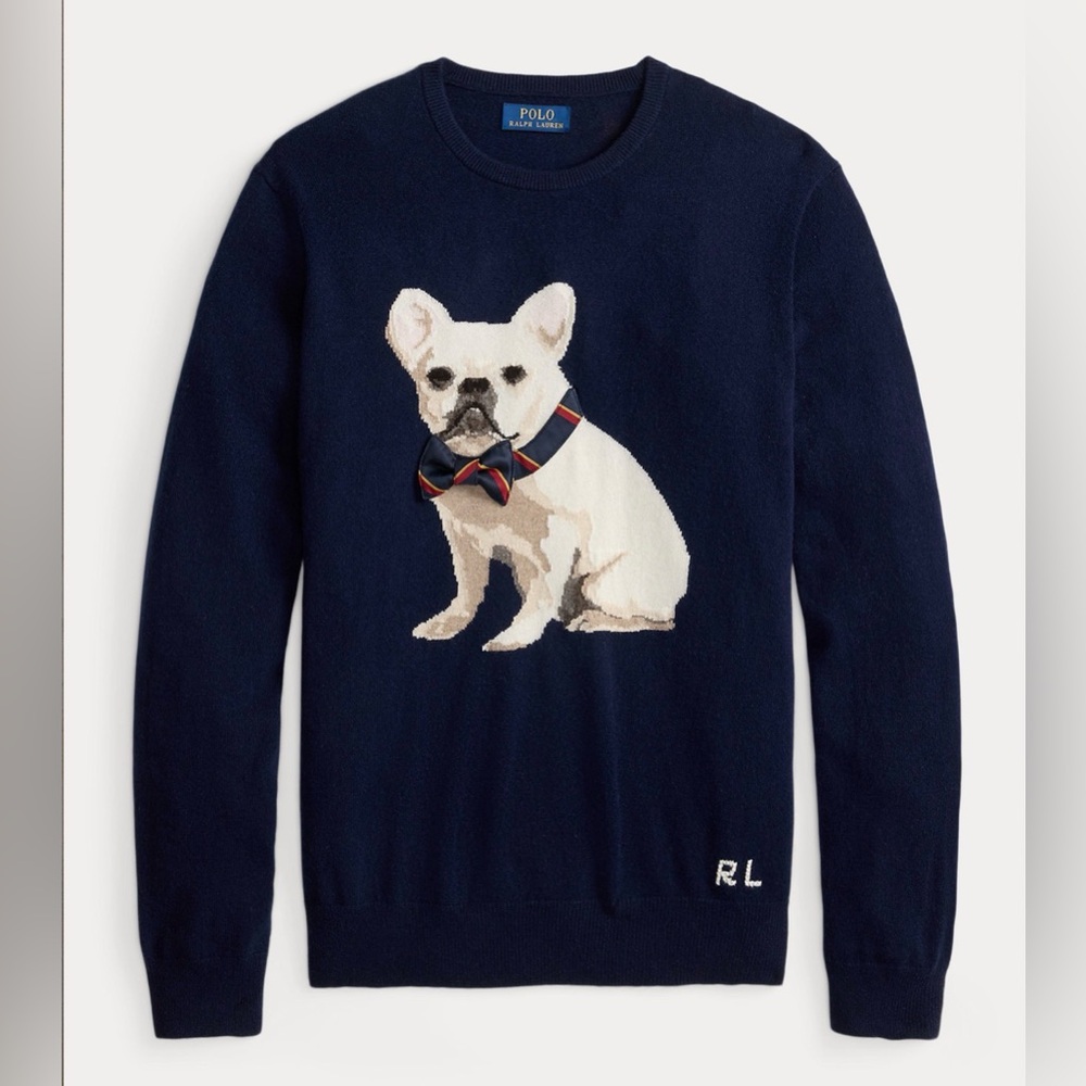 Polo Ralph Lauren Dog-Intarsia Cashmere Sweater Frenchie French Bulldog Navy XXL - Picture 2 of 9